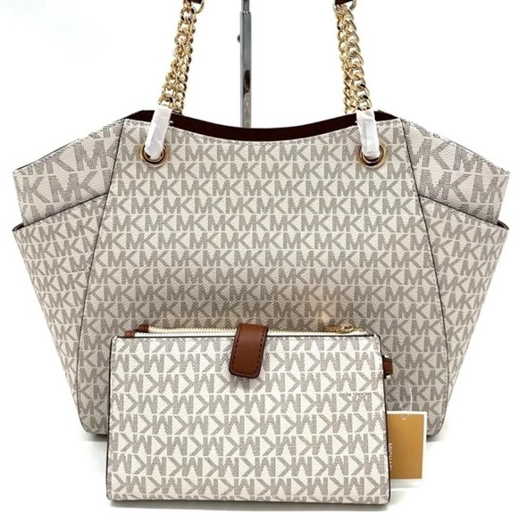 Michael Kors Large Jet Set Travel Chain Shoulder Bag & Double Zip Wallet Vanilla - Picture 6 of 15